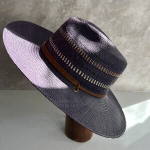Freya Wide Brim Fedora Women's L Gazania Hat 100% Straw Purple Leather Band